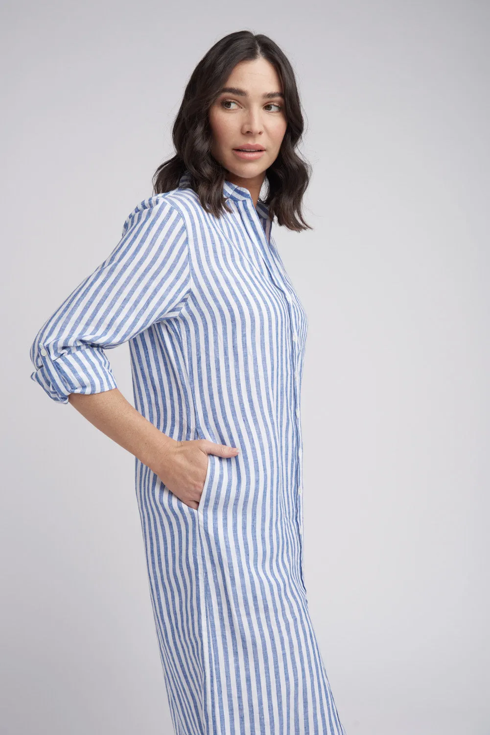 Shirt Maker Stripe Linen Dress Opal/White