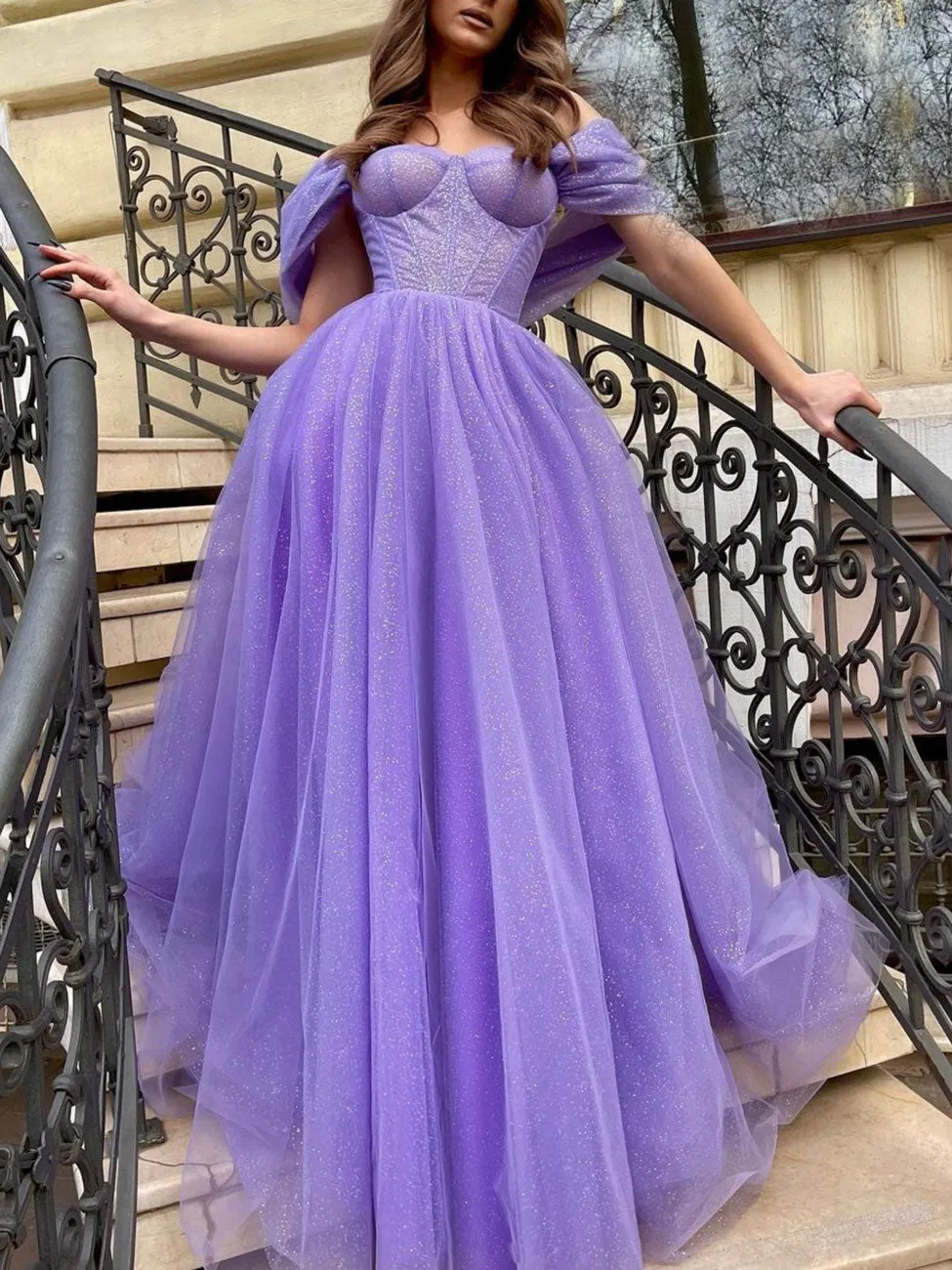 Simple Purple Off Shoulder Tulle Long Prom Dress, Purple Graduation Dress