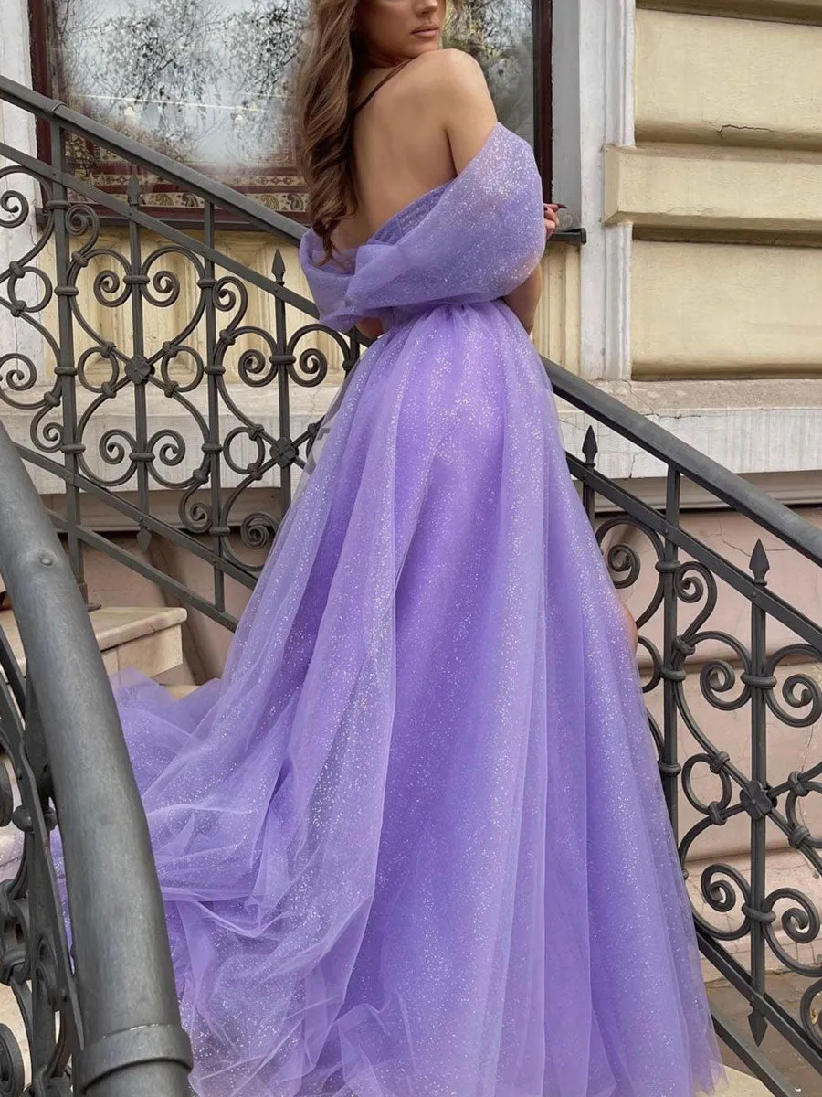 Simple Purple Off Shoulder Tulle Long Prom Dress, Purple Graduation Dress