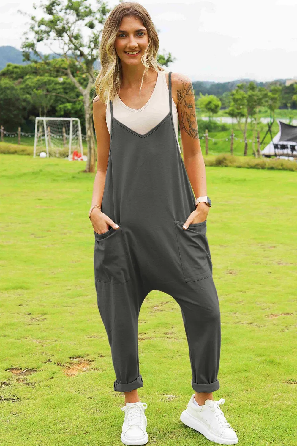 Sleeveless V-Neck Pocketed Jumpsuit - Double Take
