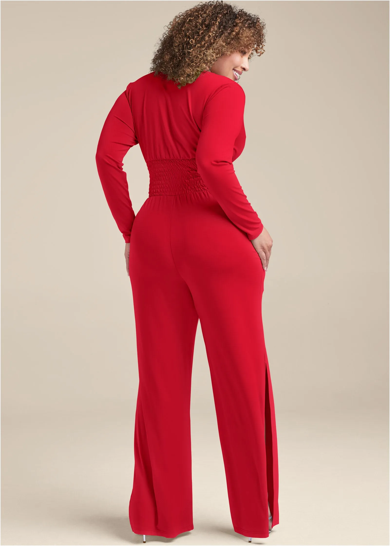 Smocked Waist Jumpsuit - Red