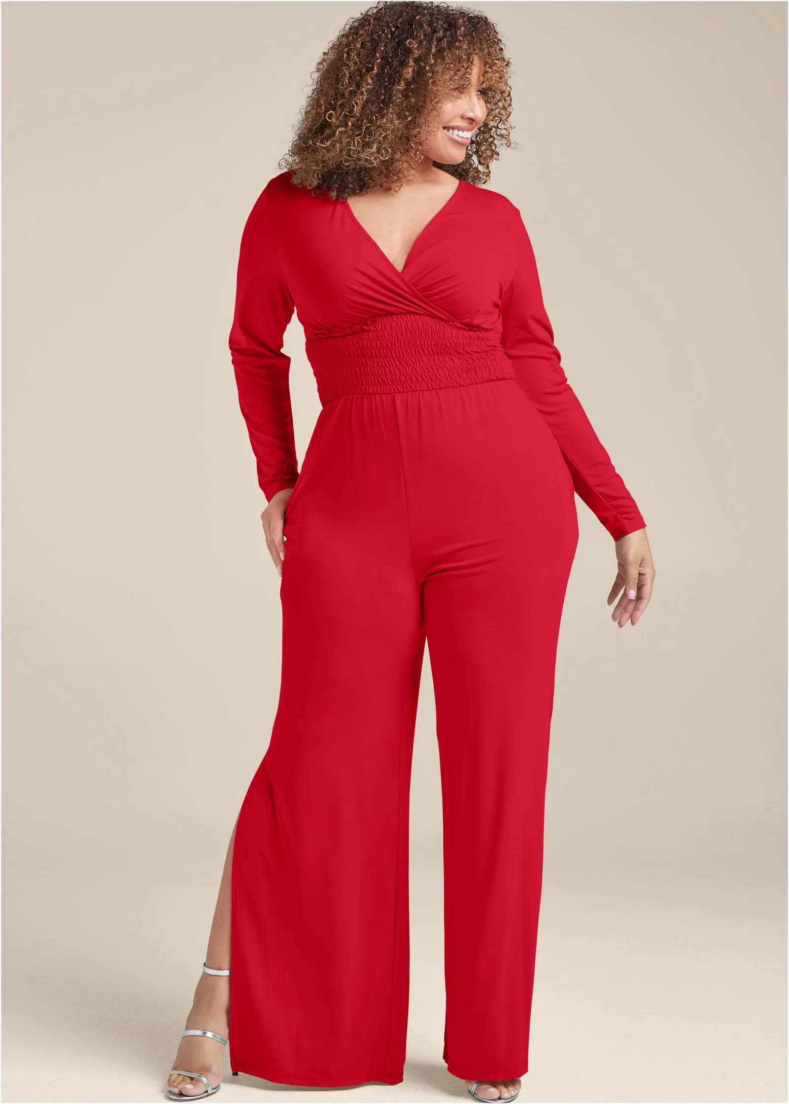 Smocked Waist Jumpsuit - Red