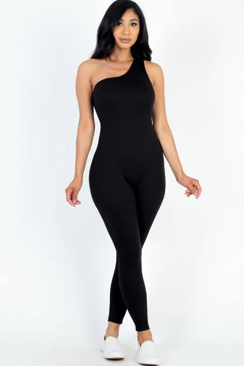 Solid Color One Shoulder Jumpsuit