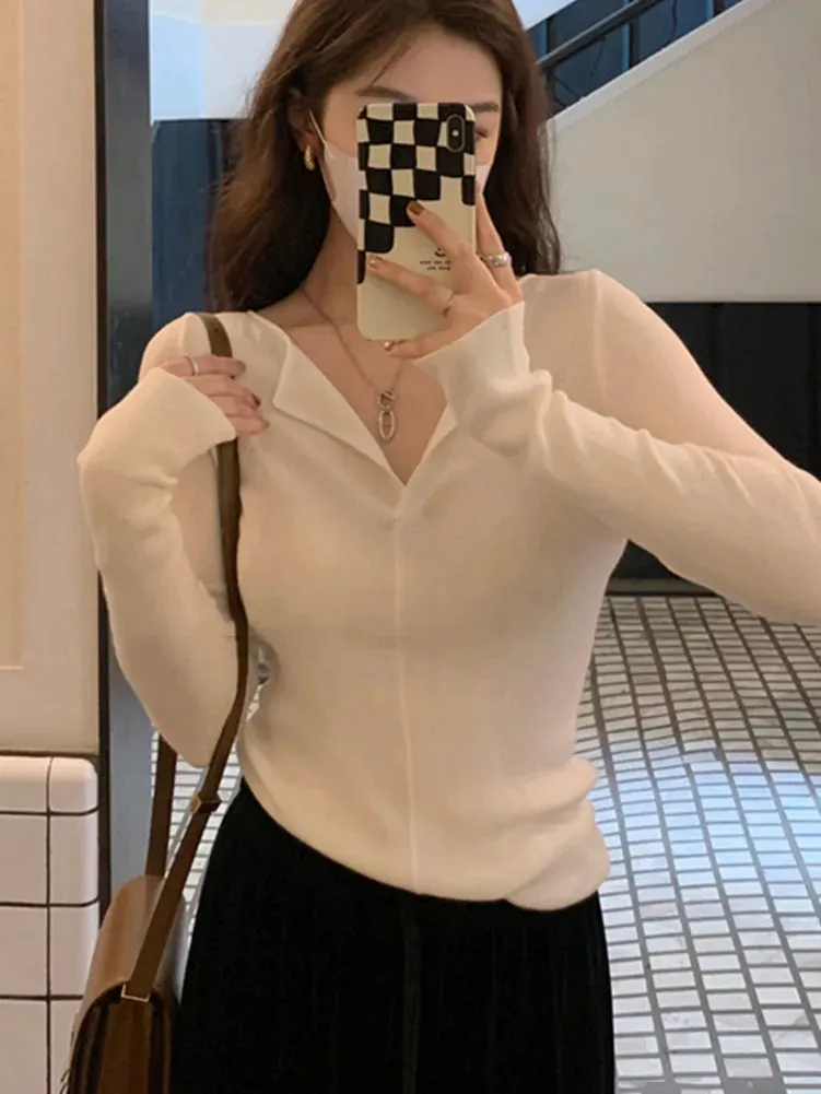 Spring Women Sweater Knitwear V-neck Basic Base Shirt Top Pure Color All-match Knitwear Autumn Winter B-089