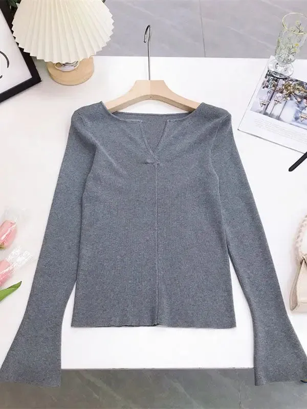 Spring Women Sweater Knitwear V-neck Basic Base Shirt Top Pure Color All-match Knitwear Autumn Winter B-089