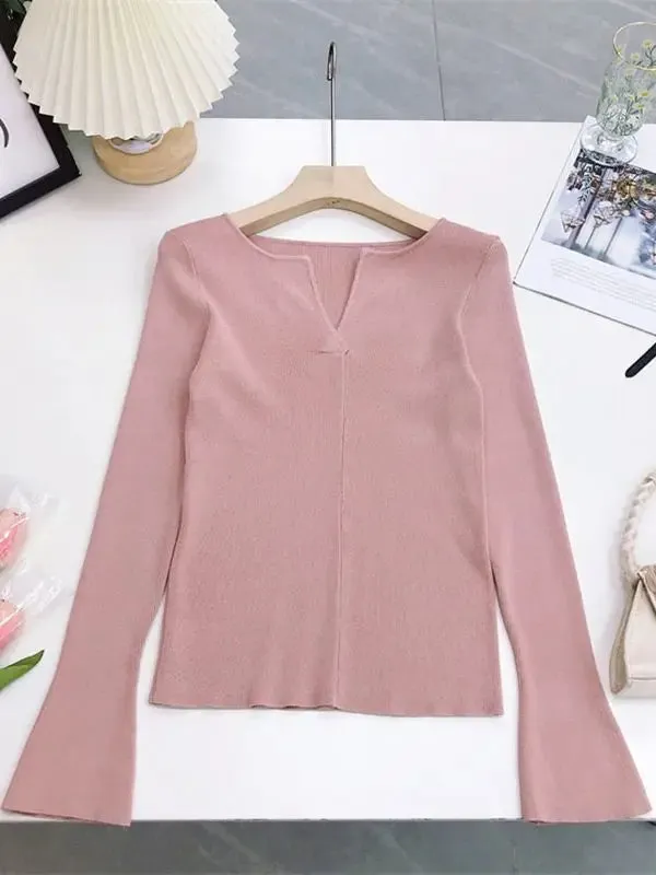 Spring Women Sweater Knitwear V-neck Basic Base Shirt Top Pure Color All-match Knitwear Autumn Winter B-089