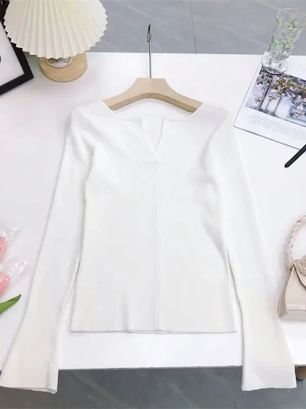 Spring Women Sweater Knitwear V-neck Basic Base Shirt Top Pure Color All-match Knitwear Autumn Winter B-089