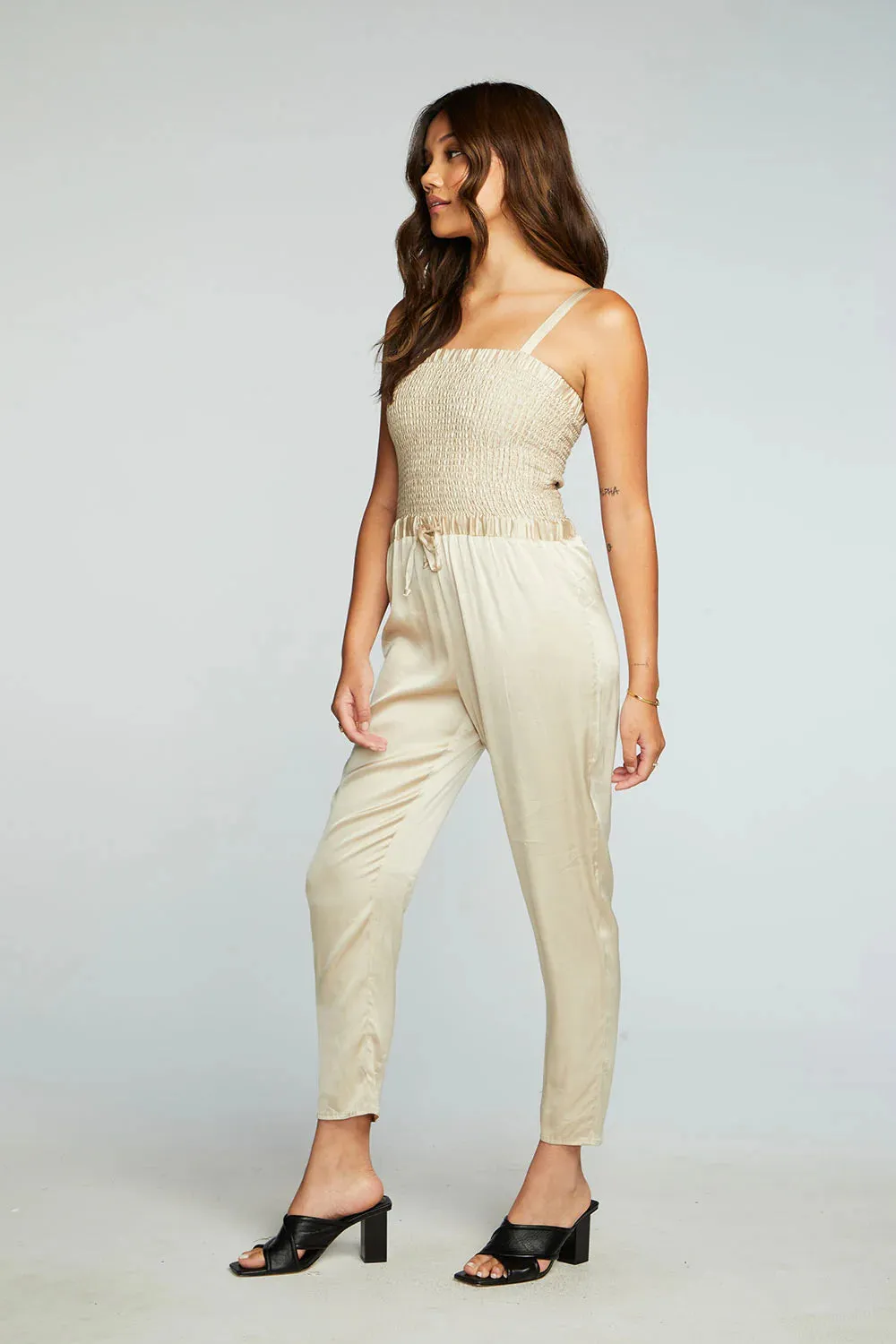 Stretch Silky Smocked Jumpsuit - Bark