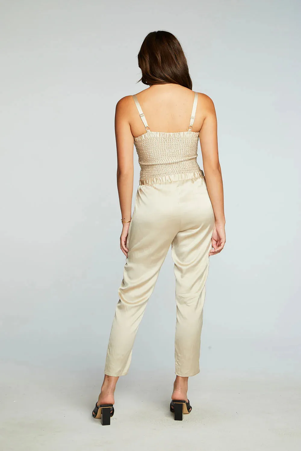 Stretch Silky Smocked Jumpsuit - Bark