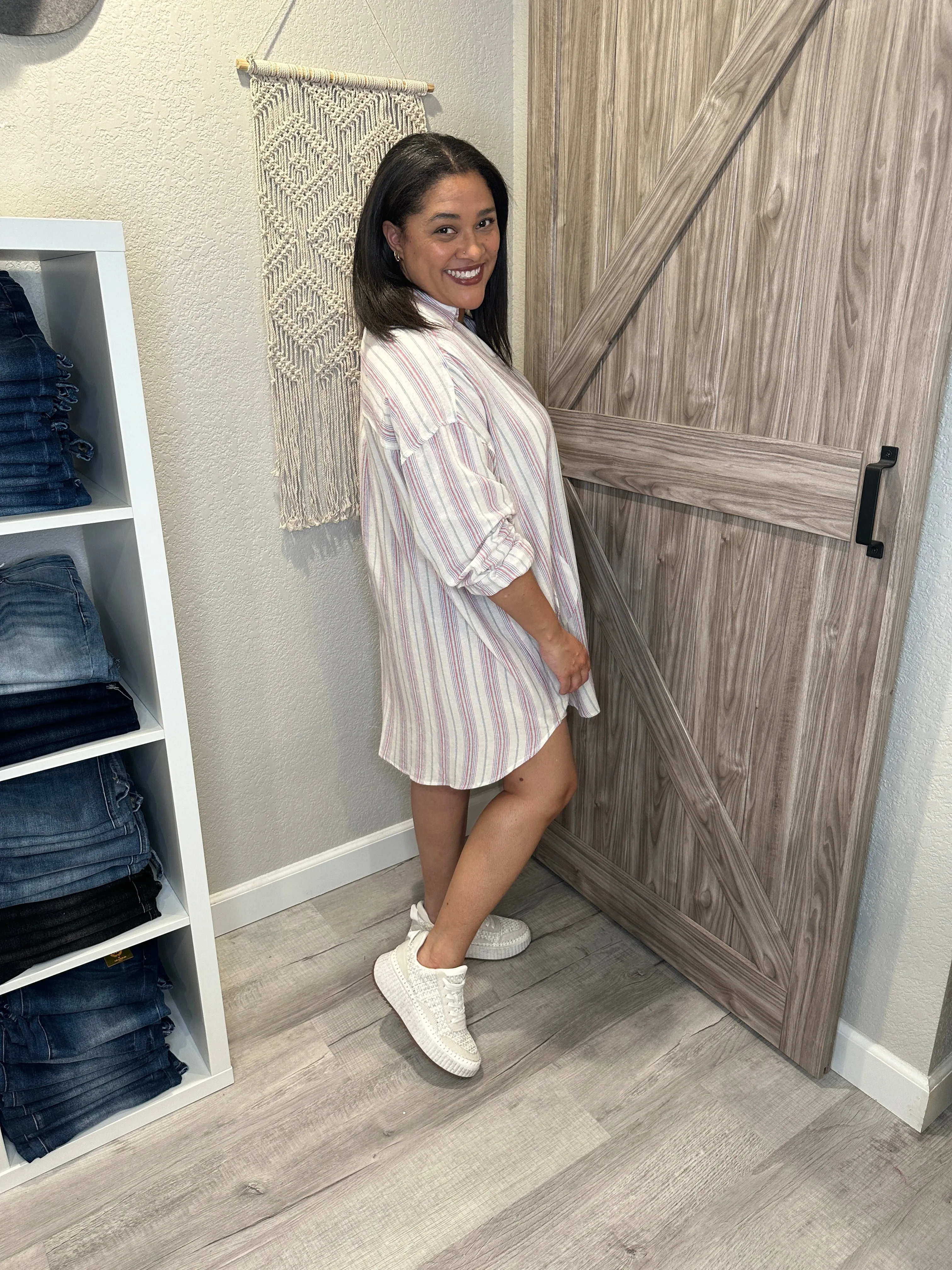 Summer Stripe Split Neck Cotton Tunic Dress