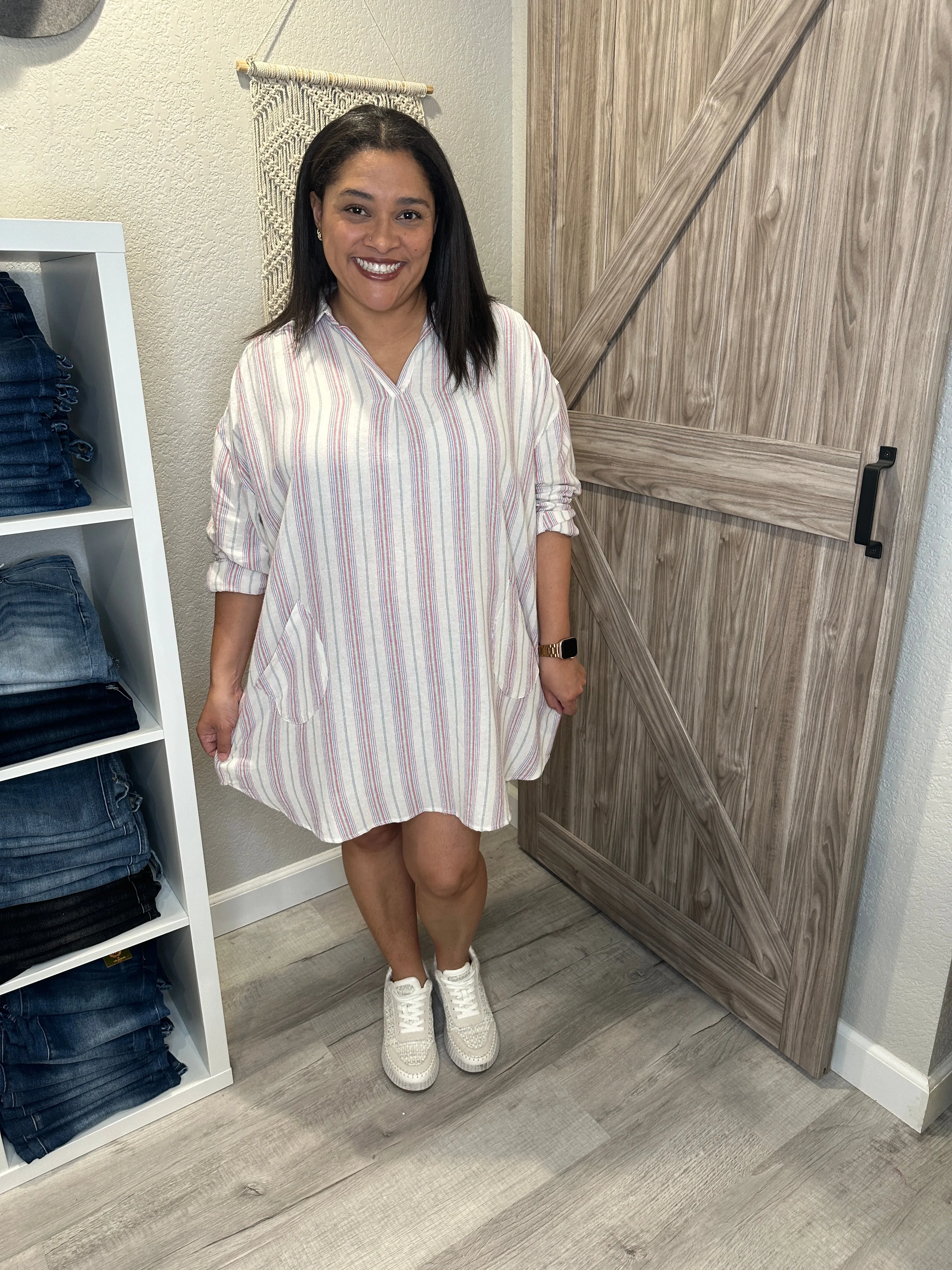 Summer Stripe Split Neck Cotton Tunic Dress