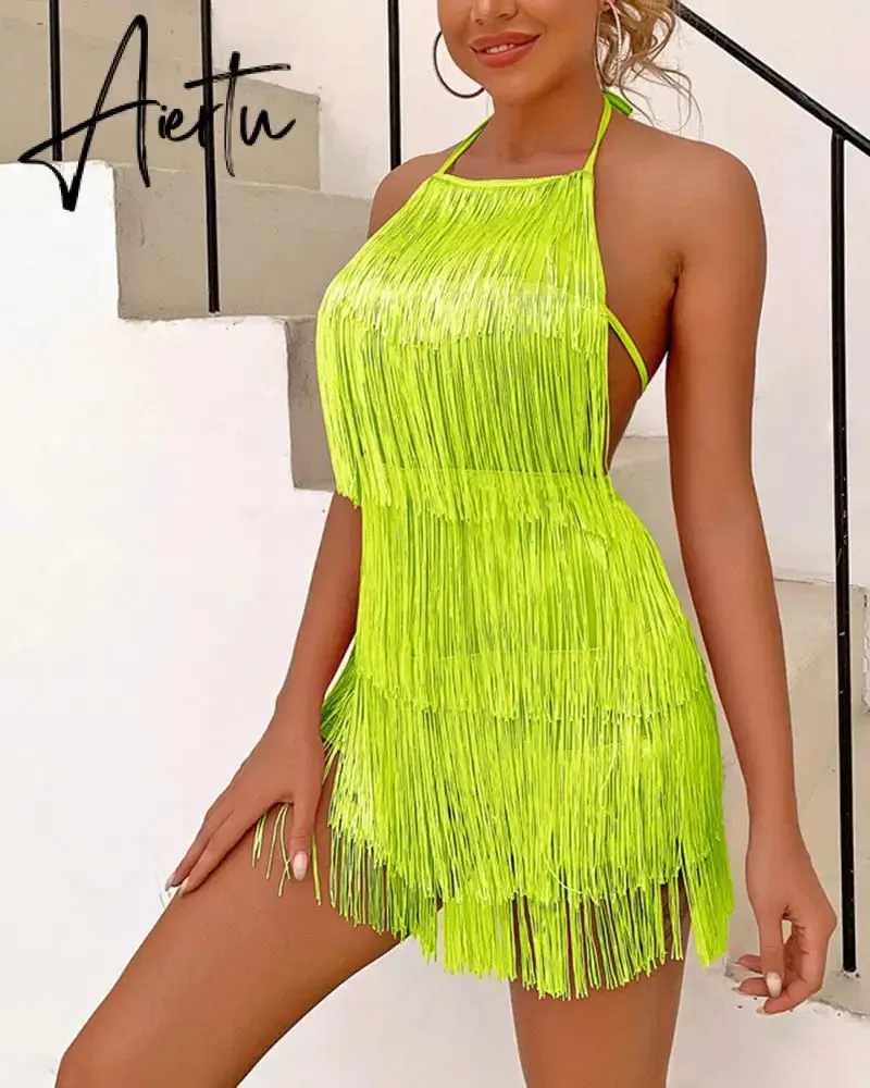 Summer Women's Jumpsuit Suspenders Halter Neckline Sleeveless Fringed Jumpsuit Sexy Open-back Solid Color Jumpsuit