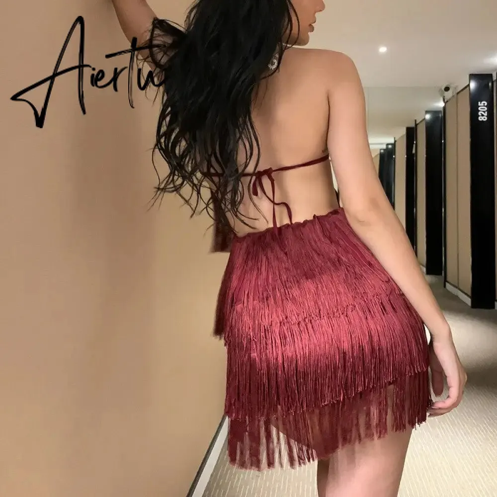 Summer Women's Jumpsuit Suspenders Halter Neckline Sleeveless Fringed Jumpsuit Sexy Open-back Solid Color Jumpsuit