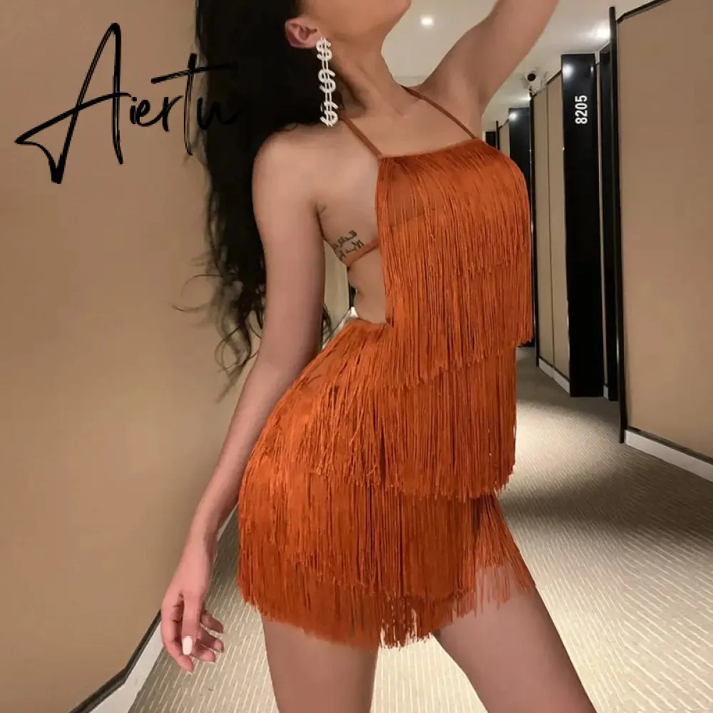 Summer Women's Jumpsuit Suspenders Halter Neckline Sleeveless Fringed Jumpsuit Sexy Open-back Solid Color Jumpsuit