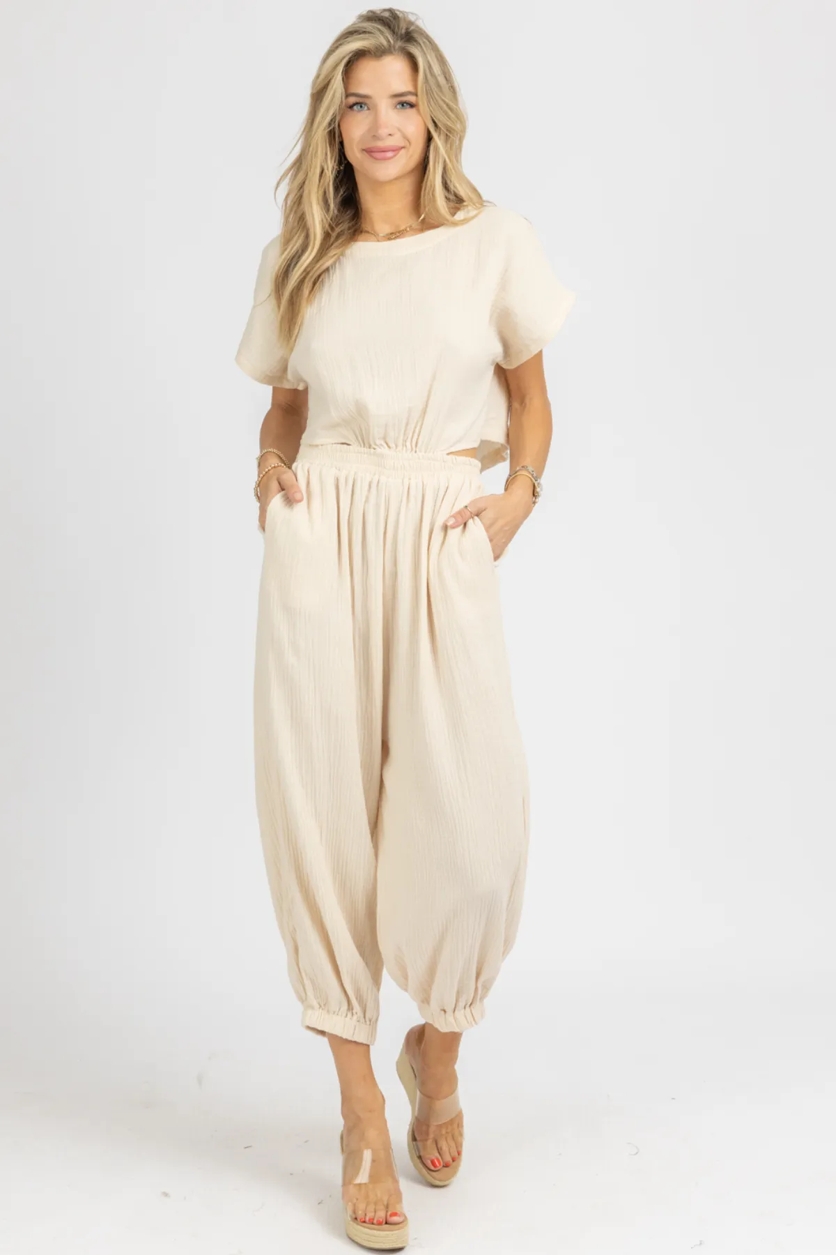 TAUPE GAUZE OPEN BACK JUMPSUIT