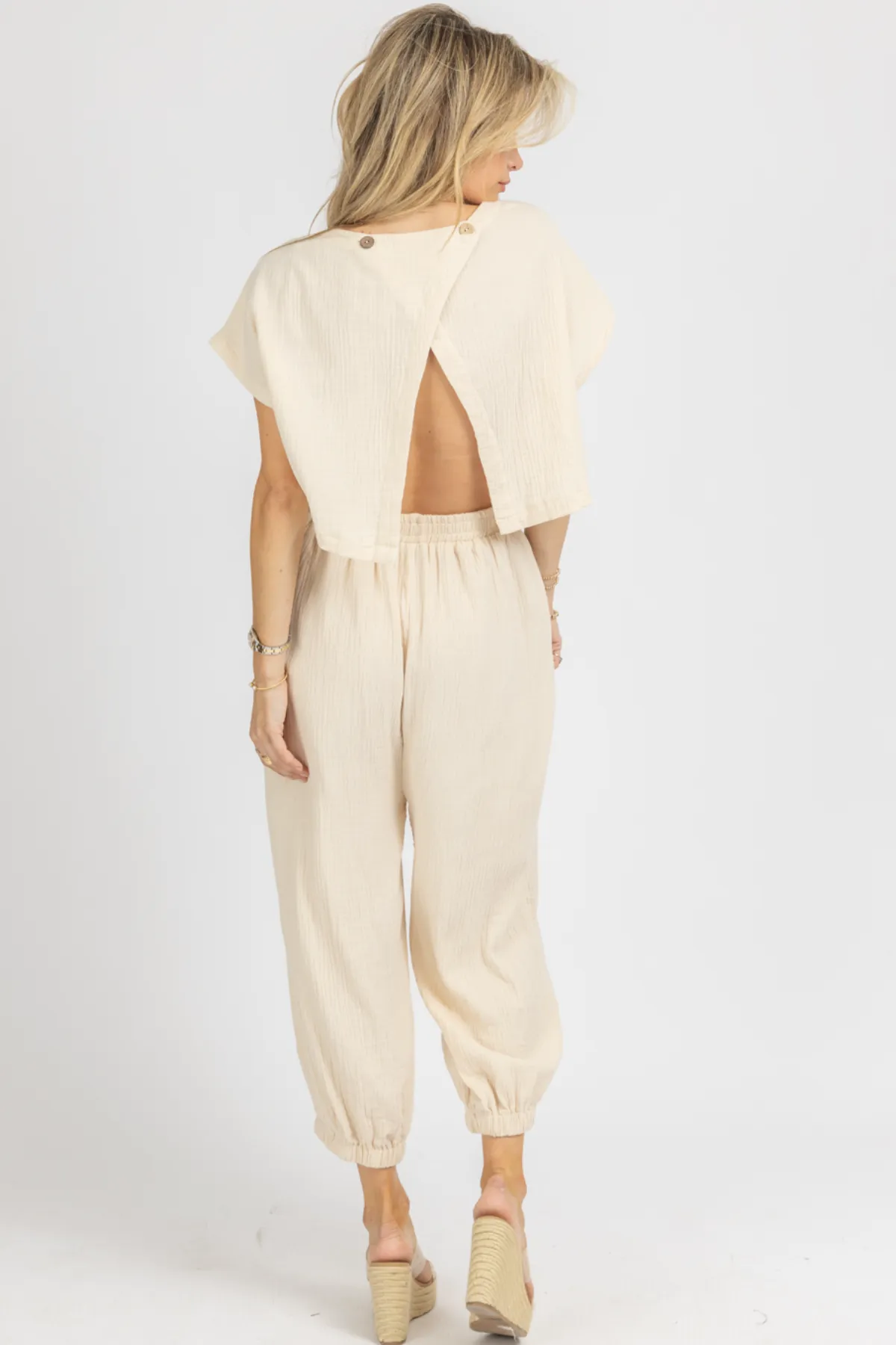 TAUPE GAUZE OPEN BACK JUMPSUIT