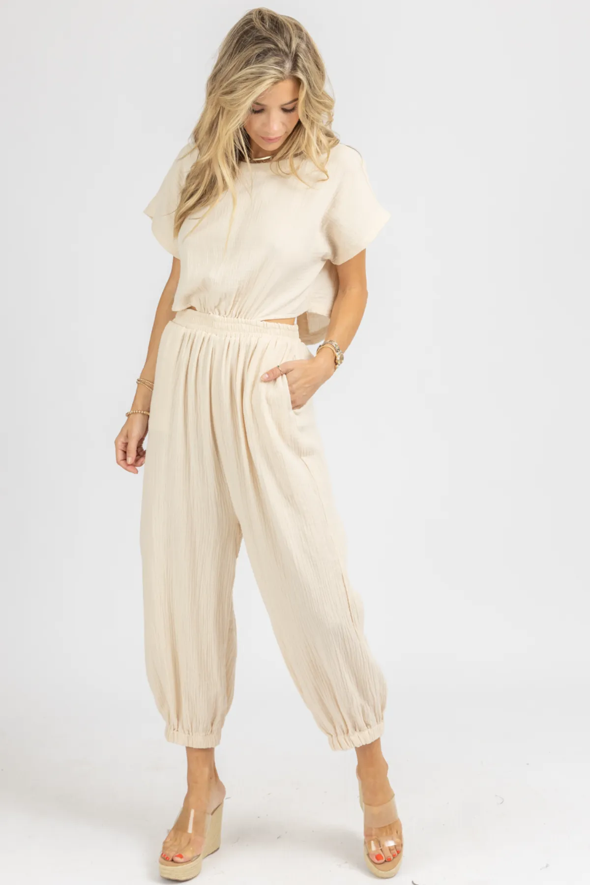 TAUPE GAUZE OPEN BACK JUMPSUIT