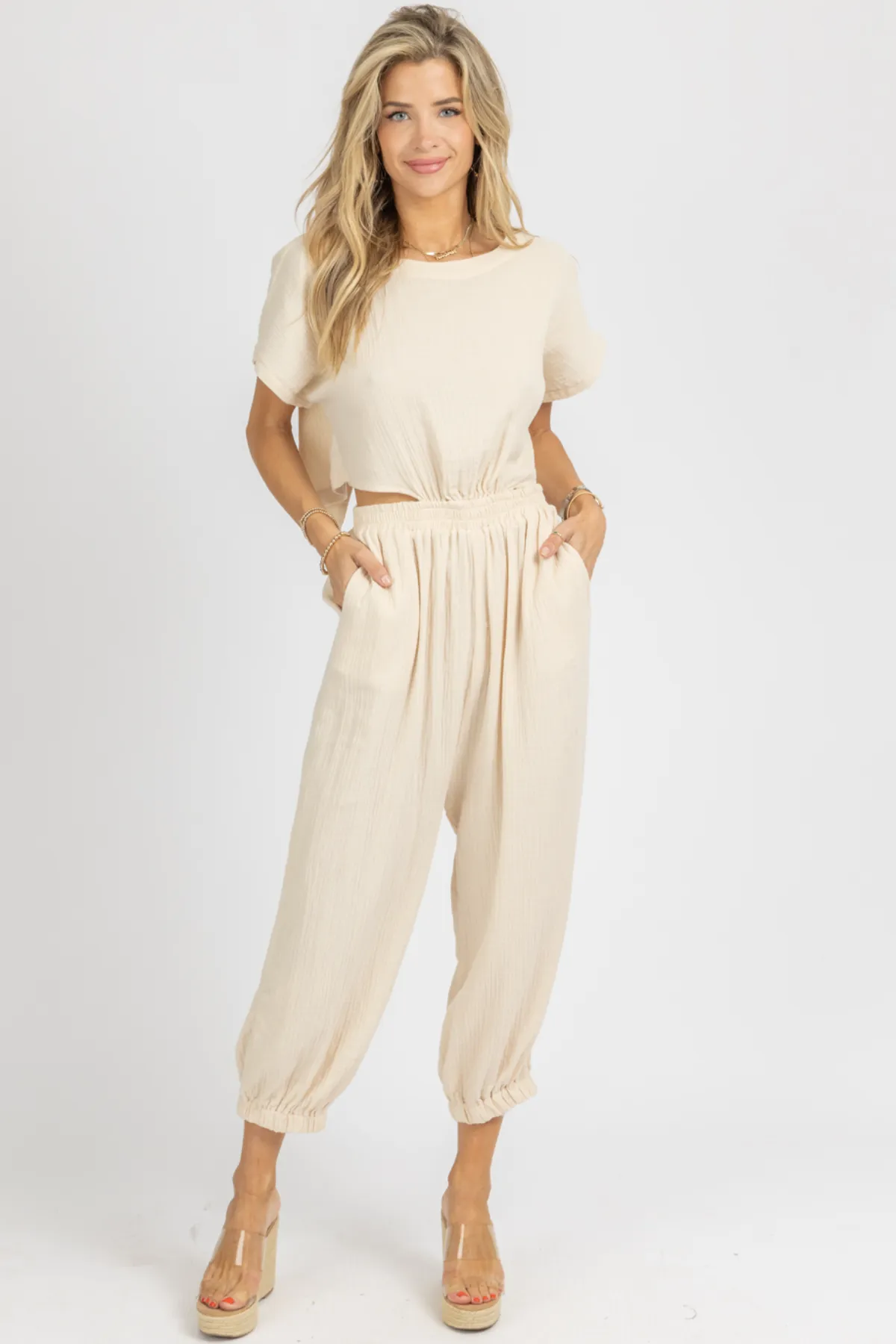 TAUPE GAUZE OPEN BACK JUMPSUIT