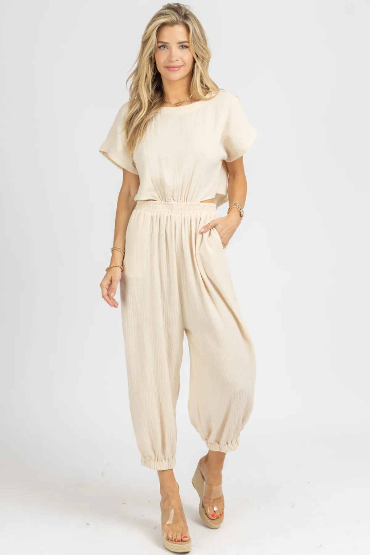 TAUPE GAUZE OPEN BACK JUMPSUIT