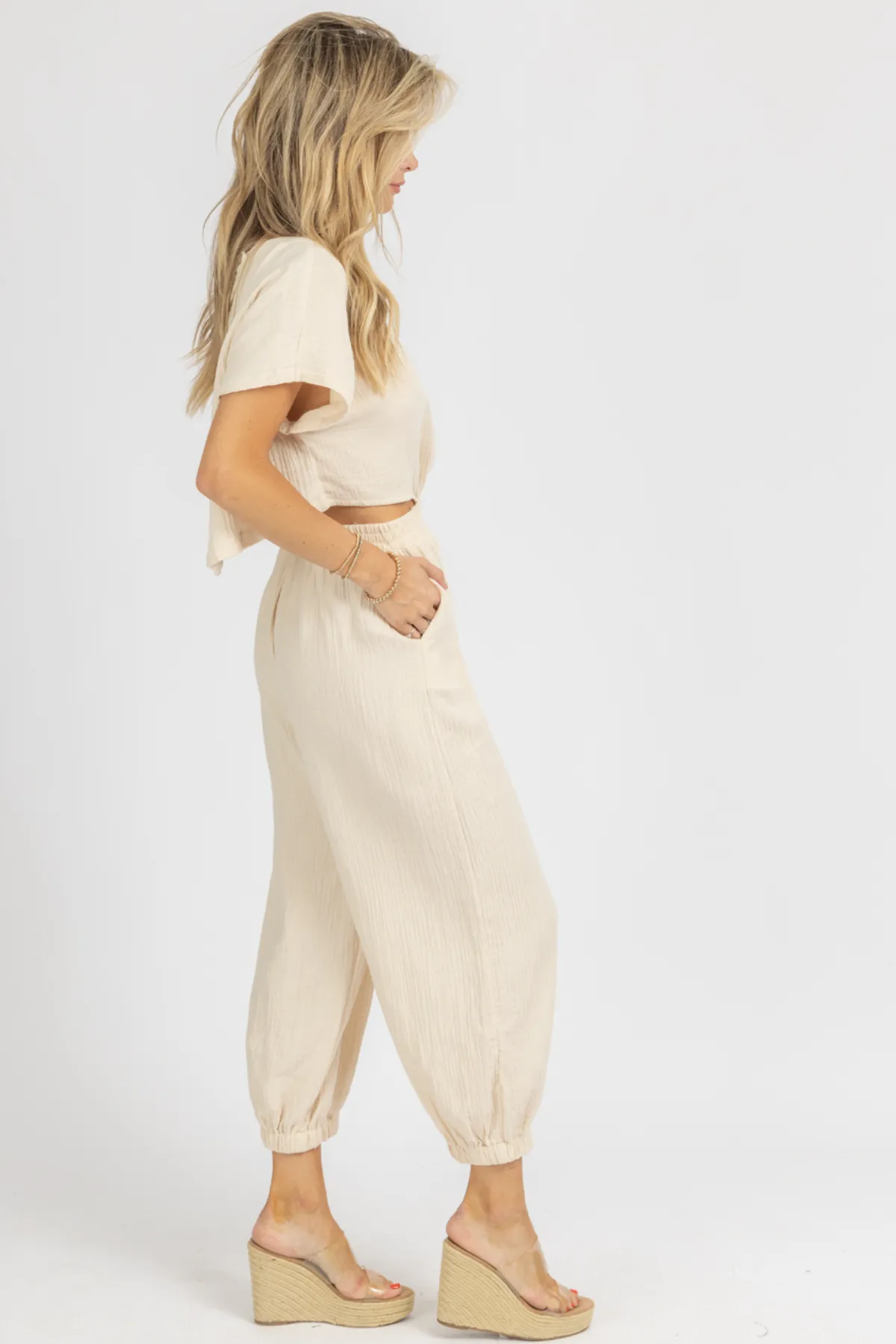 TAUPE GAUZE OPEN BACK JUMPSUIT