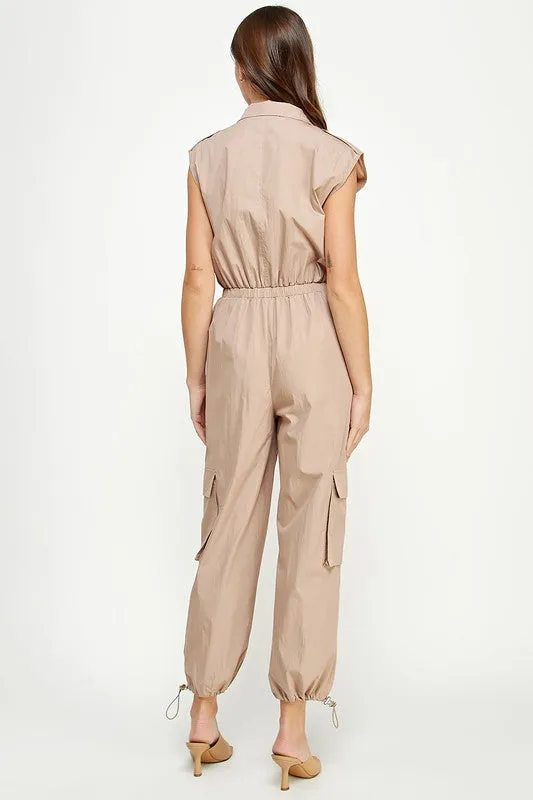 Taupe High Neck Cargo Technical Jumpsuit