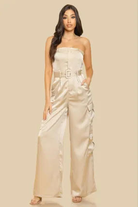 Taupe Unbalanced Tube Top With Pocket Jumpsuit