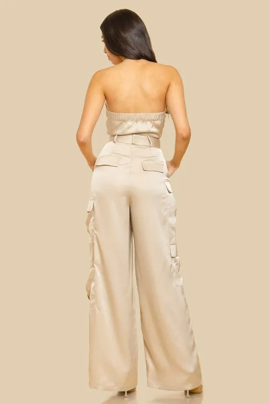 Taupe Unbalanced Tube Top With Pocket Jumpsuit