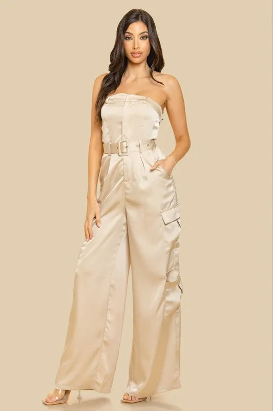 Taupe Unbalanced Tube Top With Pocket Jumpsuit