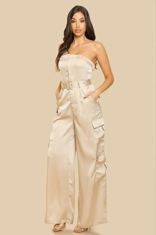 Taupe Unbalanced Tube Top With Pocket Jumpsuit