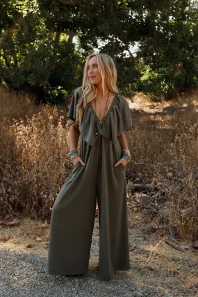 The Nest On Repeat Open Back Ruffle Jumpsuit - Light Olive