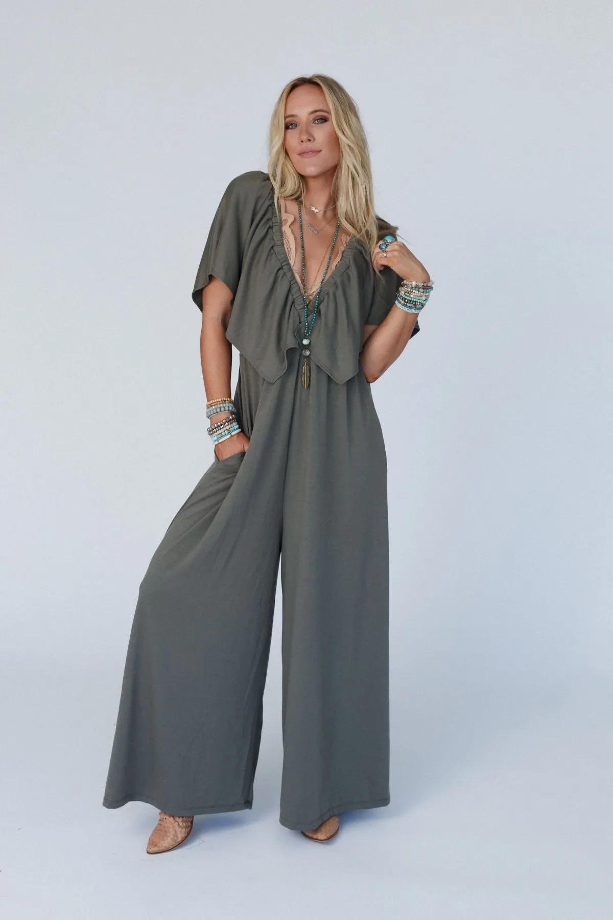 The Nest On Repeat Open Back Ruffle Jumpsuit - Light Olive