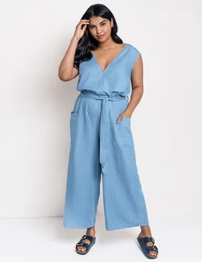 Tie Front Chambray Jumpsuit in Light Wash
