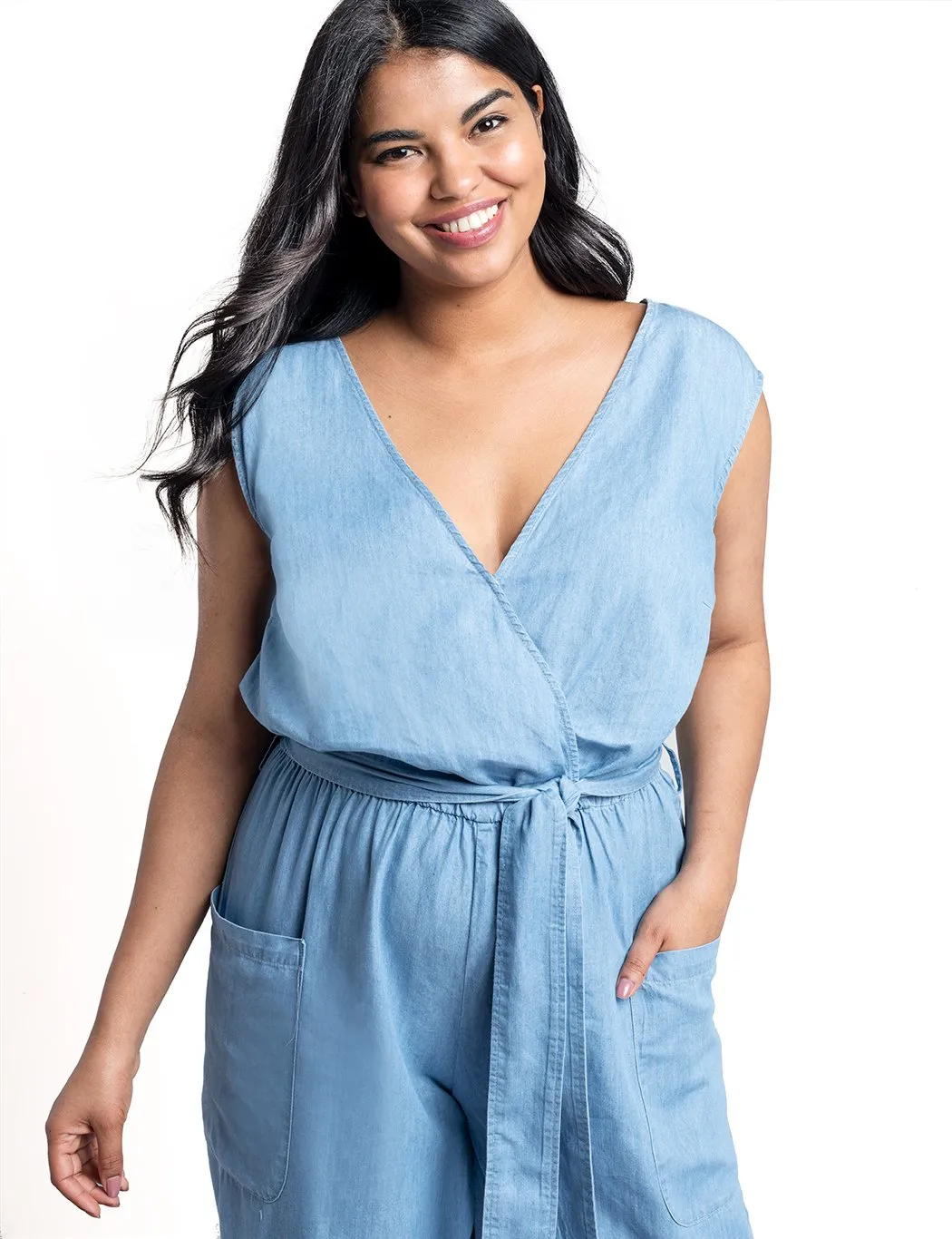 Tie Front Chambray Jumpsuit in Light Wash