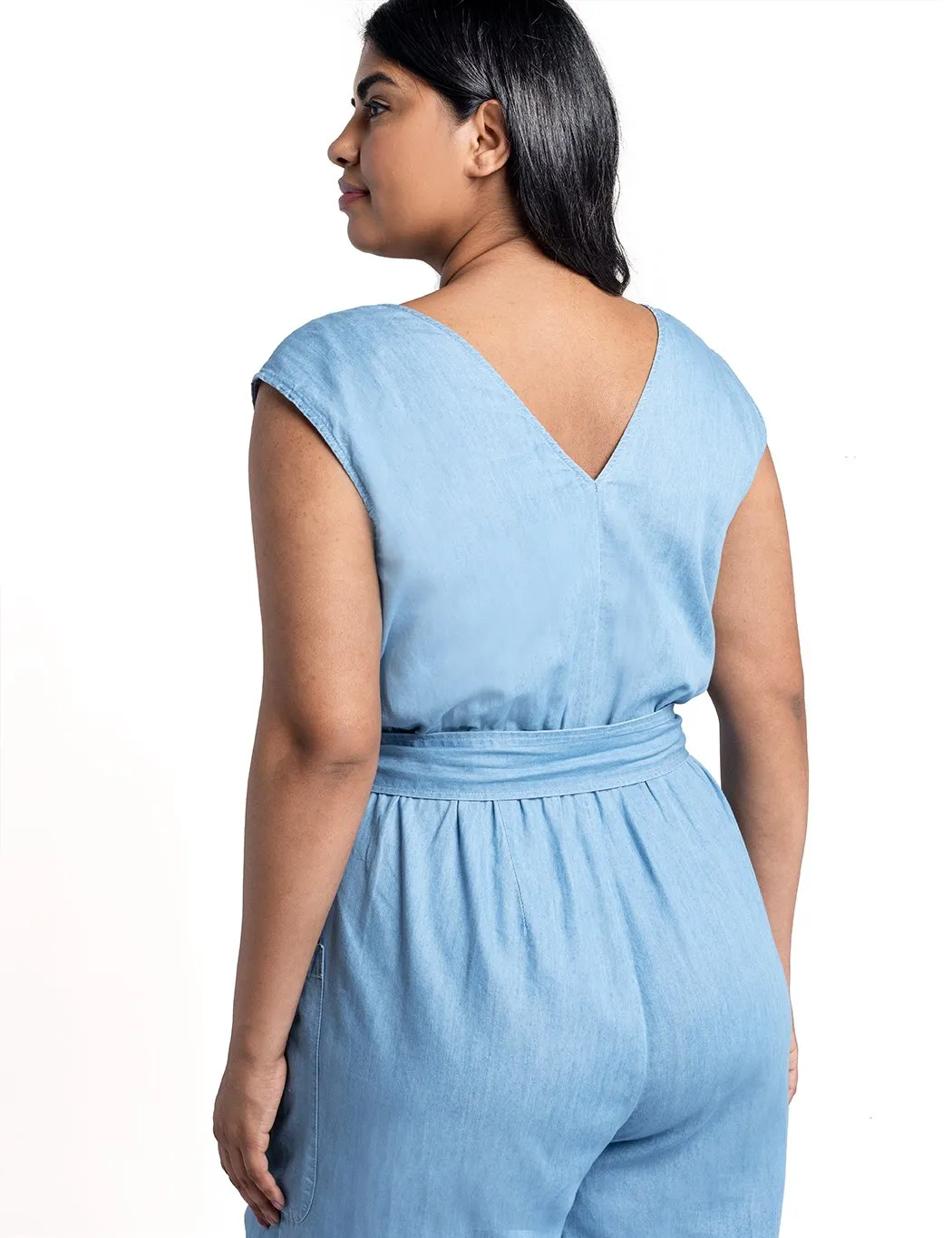 Tie Front Chambray Jumpsuit in Light Wash