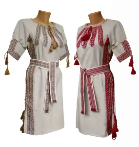 Ukrainian linen vyshyvanka dress with a belt