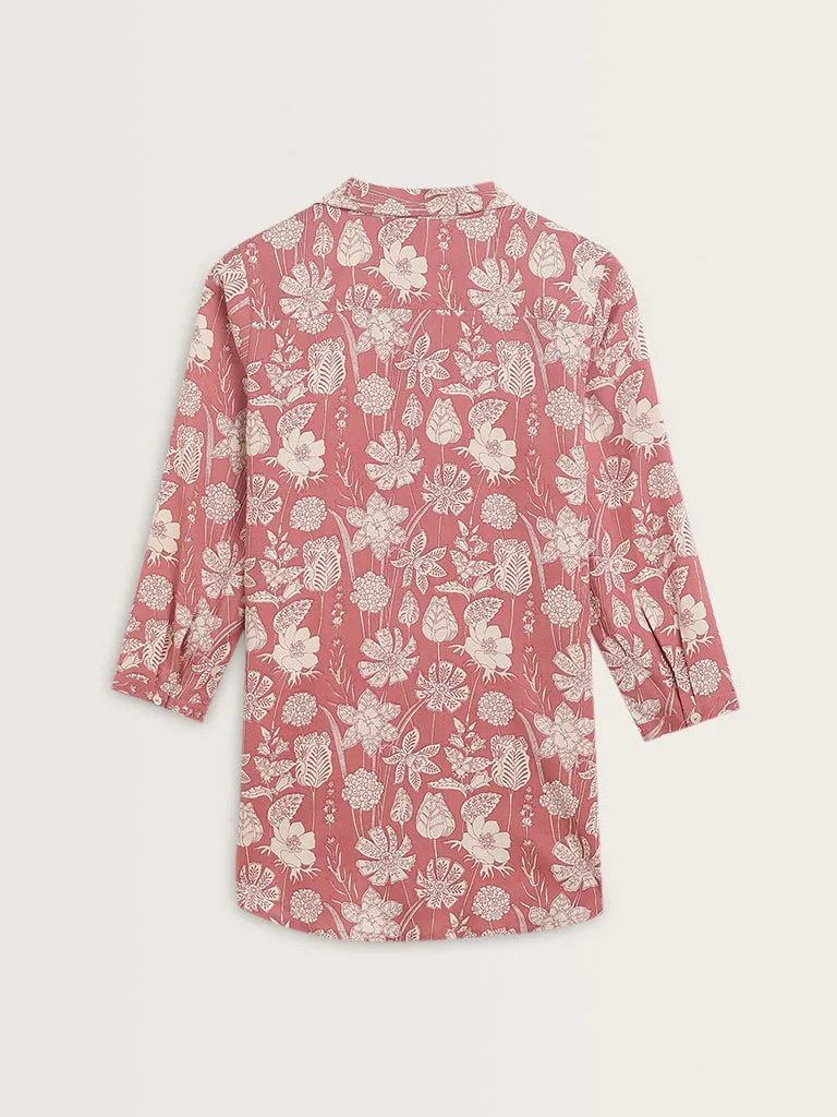 Utsa Light Red Floral Design Straight Tunic