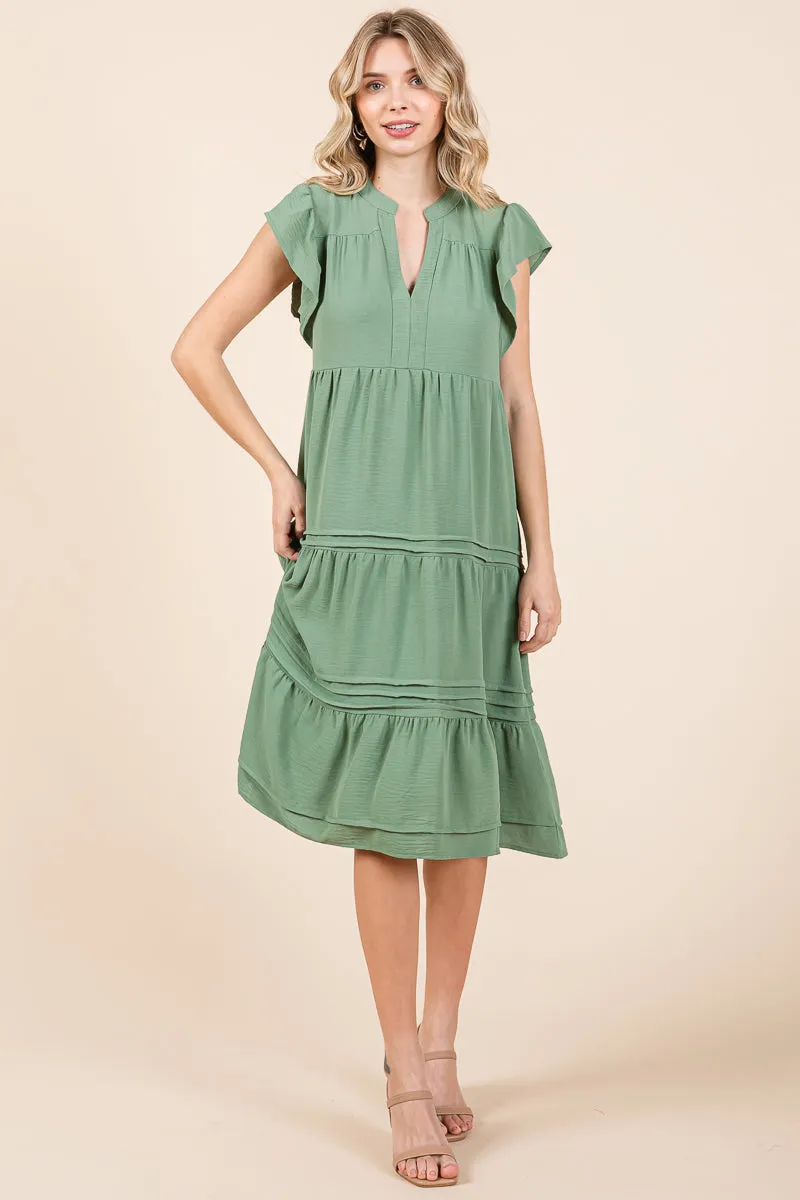 V Neck Tiered Flutter Sleeve Pleated Midi Dress, S-3X