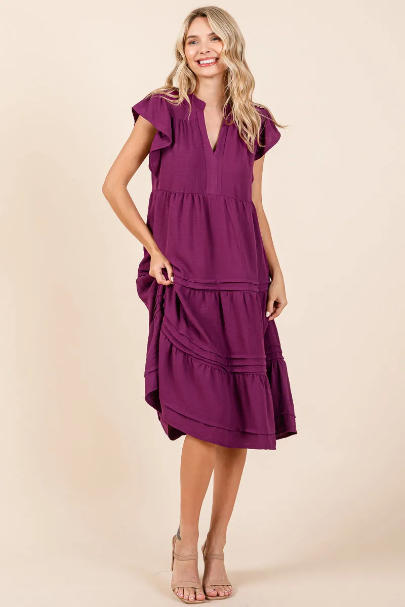 V Neck Tiered Flutter Sleeve Pleated Midi Dress, S-3X