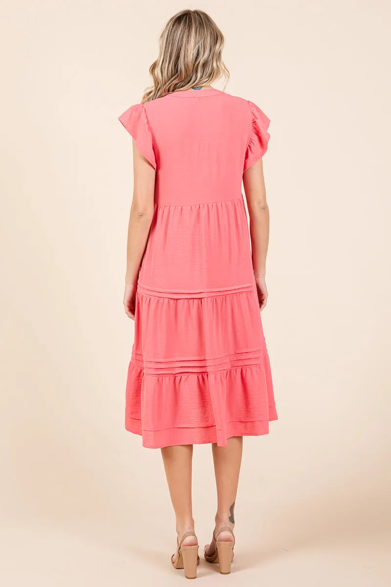 V Neck Tiered Flutter Sleeve Pleated Midi Dress, S-3X