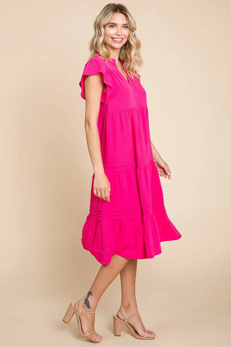 V Neck Tiered Flutter Sleeve Pleated Midi Dress, S-3X
