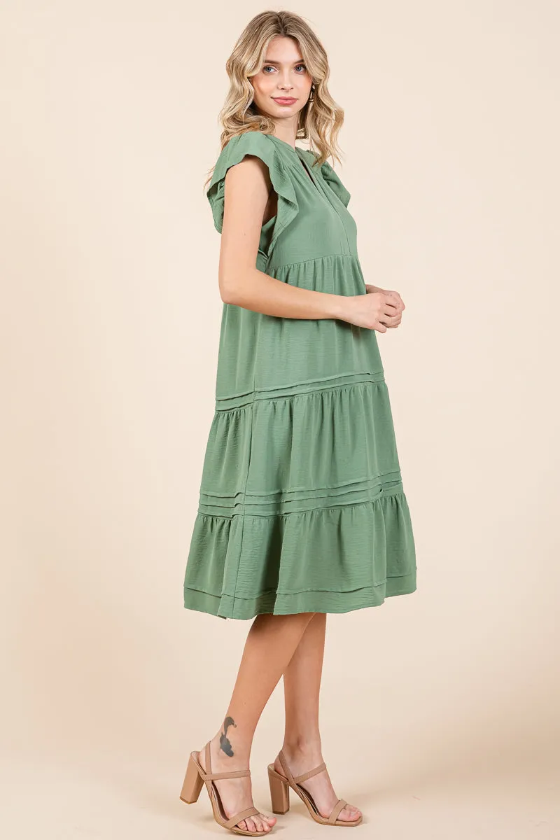 V Neck Tiered Flutter Sleeve Pleated Midi Dress, S-3X