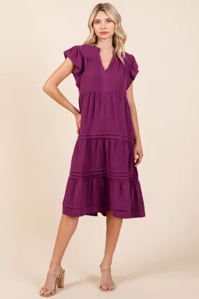 V Neck Tiered Flutter Sleeve Pleated Midi Dress, S-3X