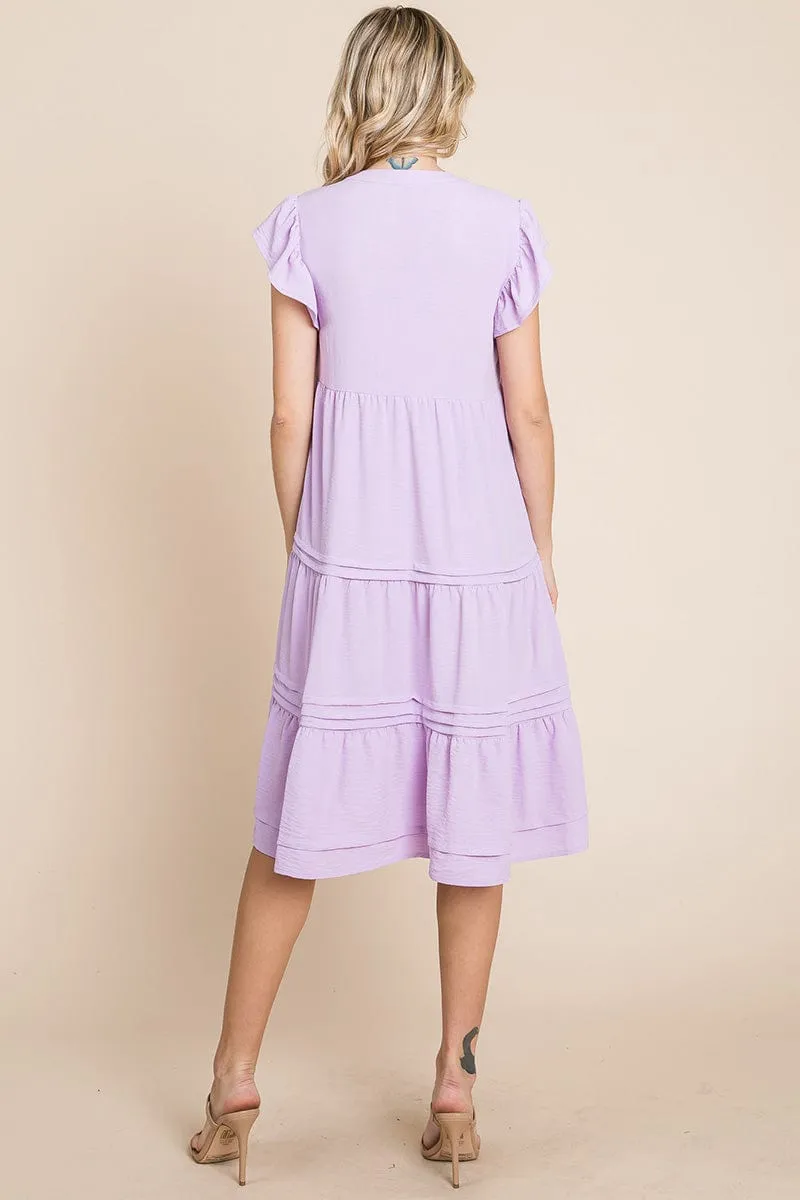 V Neck Tiered Flutter Sleeve Pleated Midi Dress, S-3X