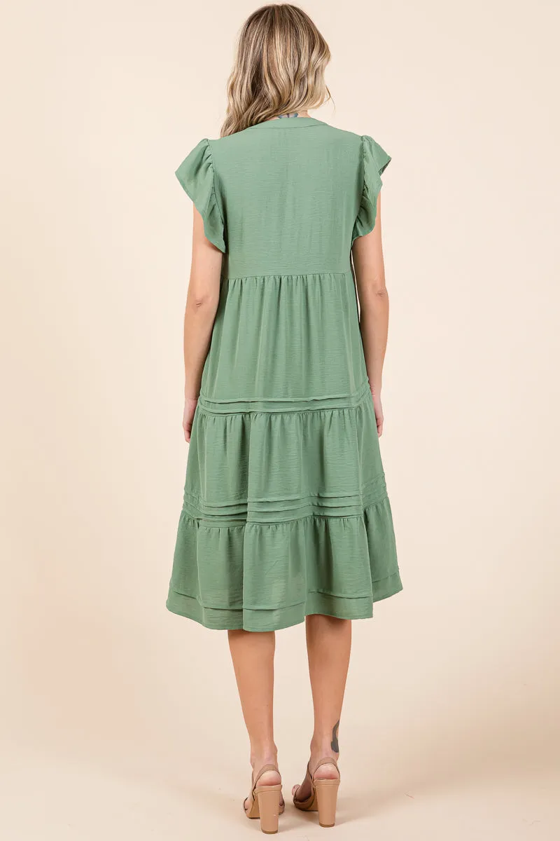 V Neck Tiered Flutter Sleeve Pleated Midi Dress, S-3X