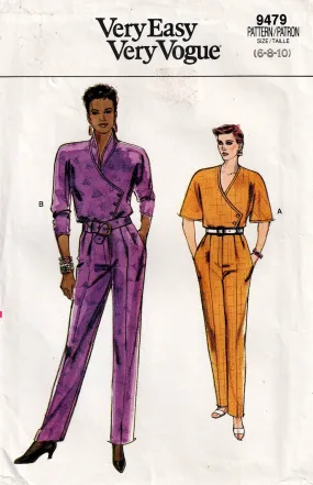 Very Easy Vogue 9479 Womens Asymmetric Jumpsuit with Pockets 1980s Vintage Sewing Pattern Size 6 - 10