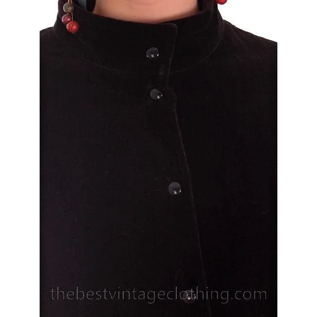 Vintage 1970s  Vuokko Suomi Finland Black Polyester Velvet  Coat Snap Front Mod 38 Fits S to M