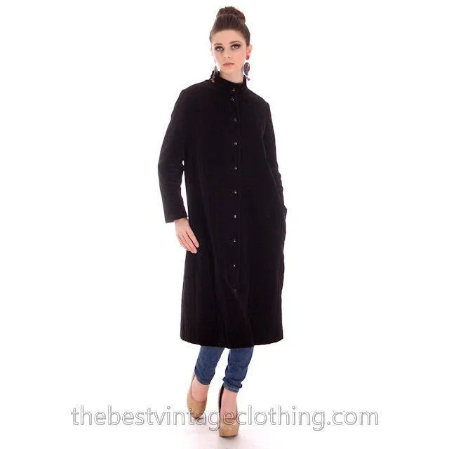 Vintage 1970s  Vuokko Suomi Finland Black Polyester Velvet  Coat Snap Front Mod 38 Fits S to M