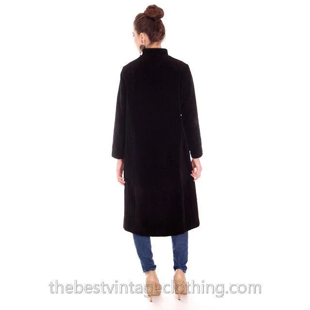 Vintage 1970s  Vuokko Suomi Finland Black Polyester Velvet  Coat Snap Front Mod 38 Fits S to M