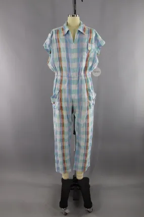 Vintage 1980s Blue and White Plaid Cotton Gauze Romper Jumpsuit