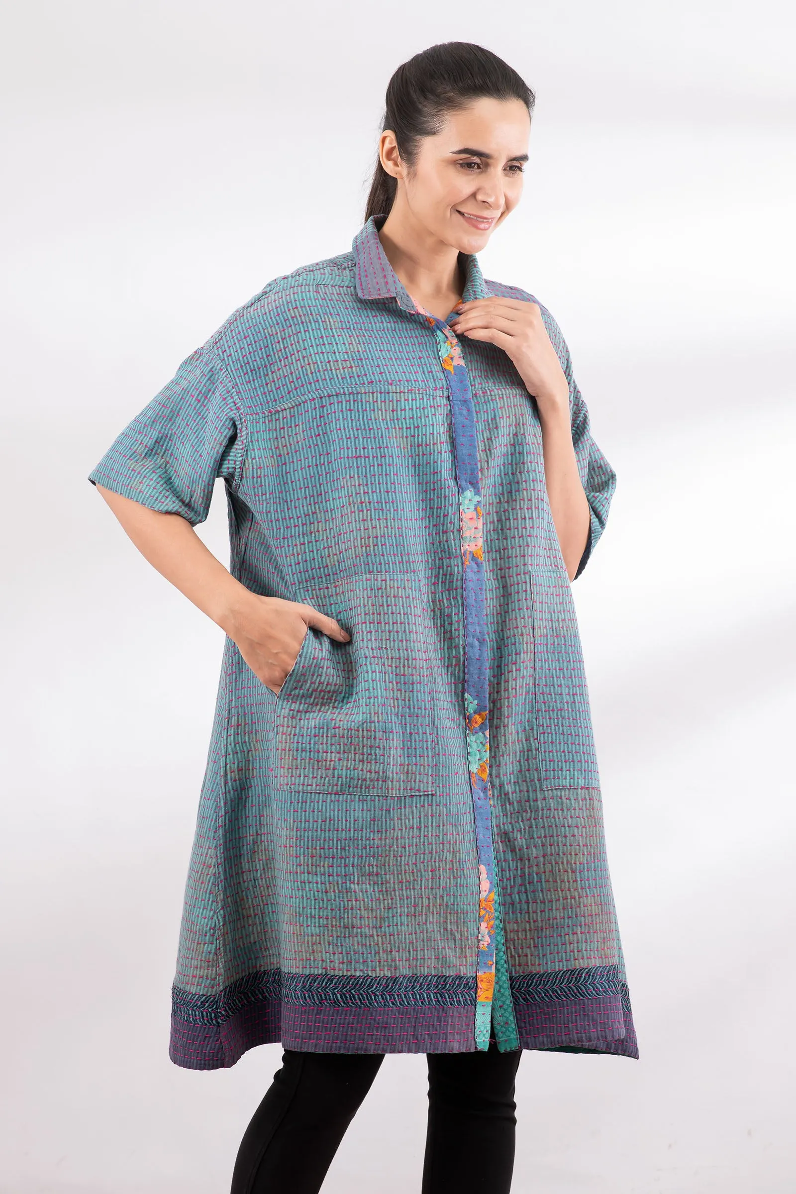 VINTAGE COTTON BBK KANTHA HALF SLV. SHIRT DRESS